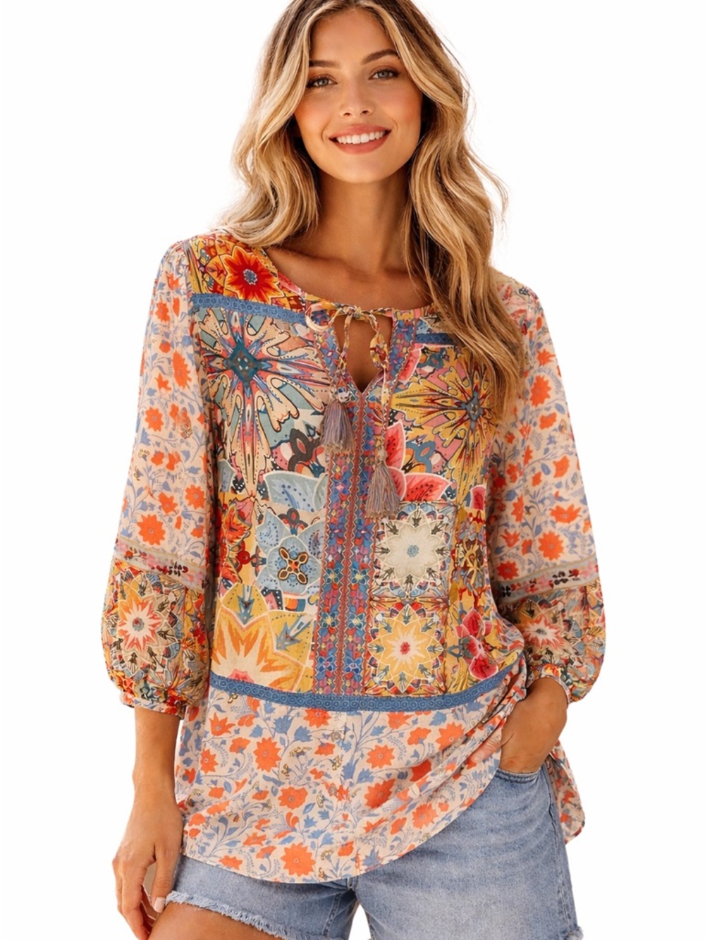 Vintage Boho Patchwork Tunic Embroidered Tassel Tie Flowy Festival Top Small